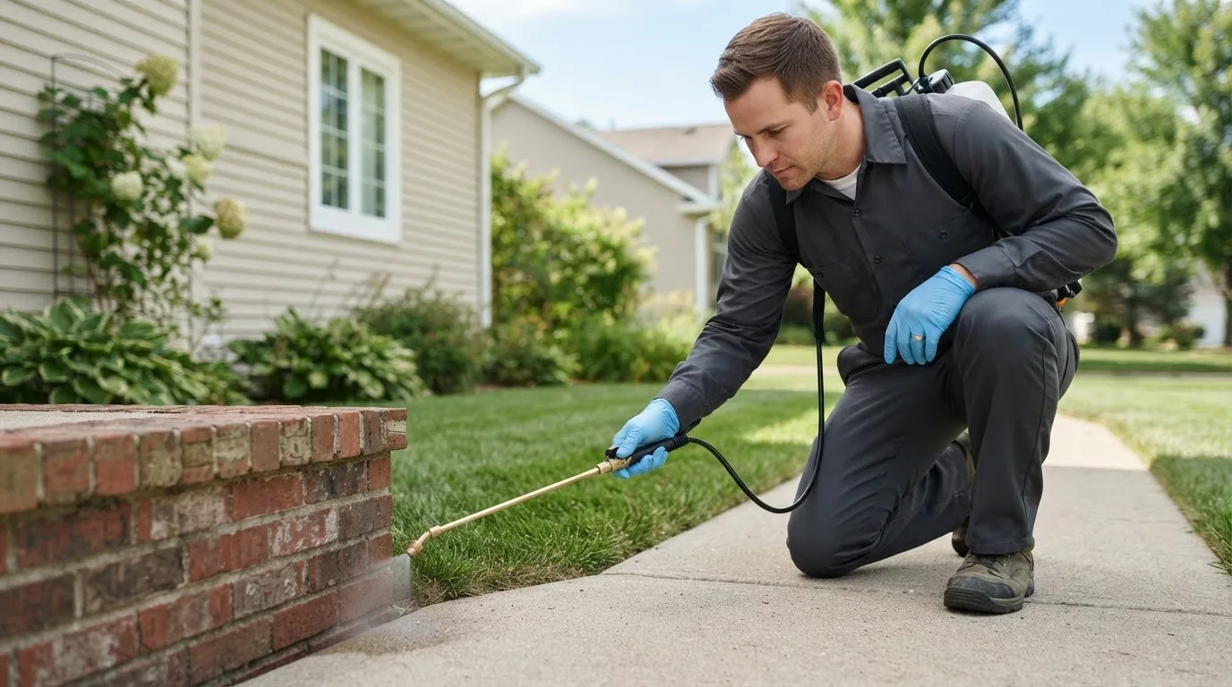 Pest control technician treating a home near Goetzville, MI