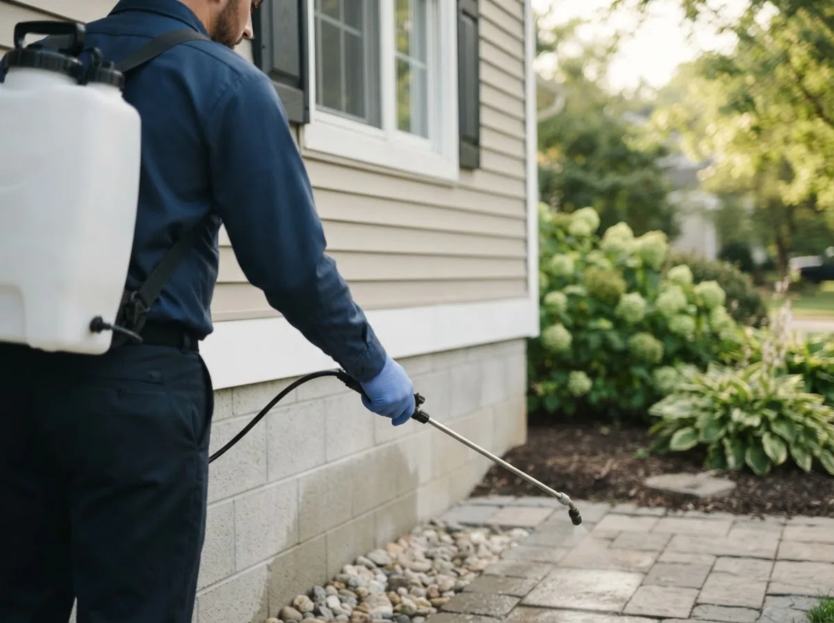 Pest control technician inspecting a home in Goetzville, MI